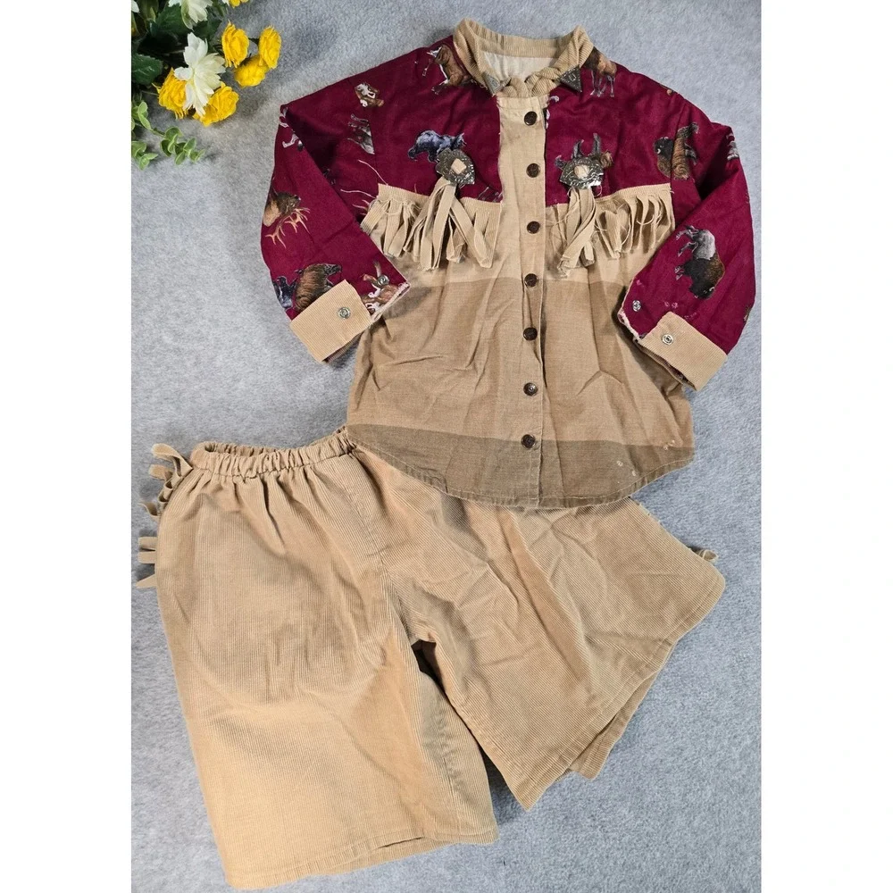 Vintage Western Set Costume Cosplay Kids 2T Tan Burgundy Fringe Corduroy Rodeo